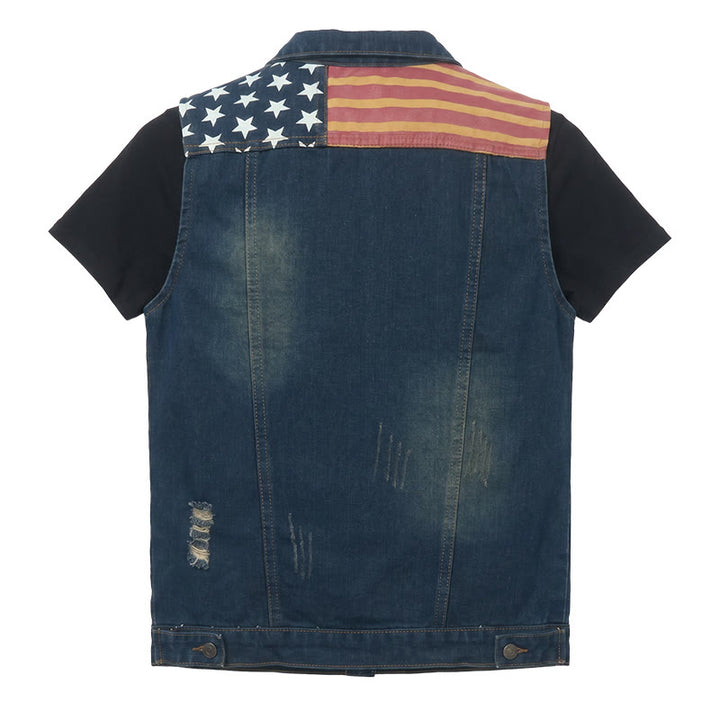 Gilet da uomo in denim stile coreano slim fit con bandiera americana effetto invecchiato - image 9