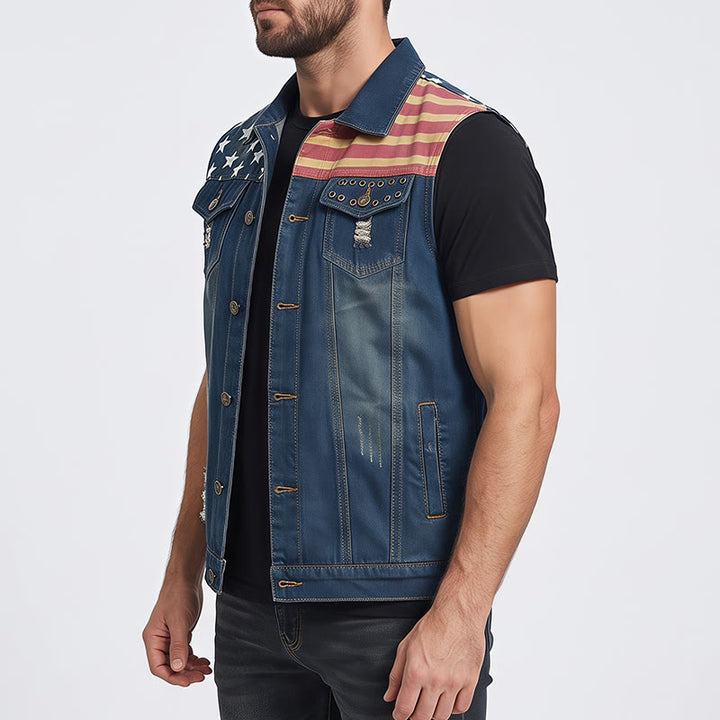 Gilet da uomo in denim stile coreano slim fit con bandiera americana effetto invecchiato - image 3
