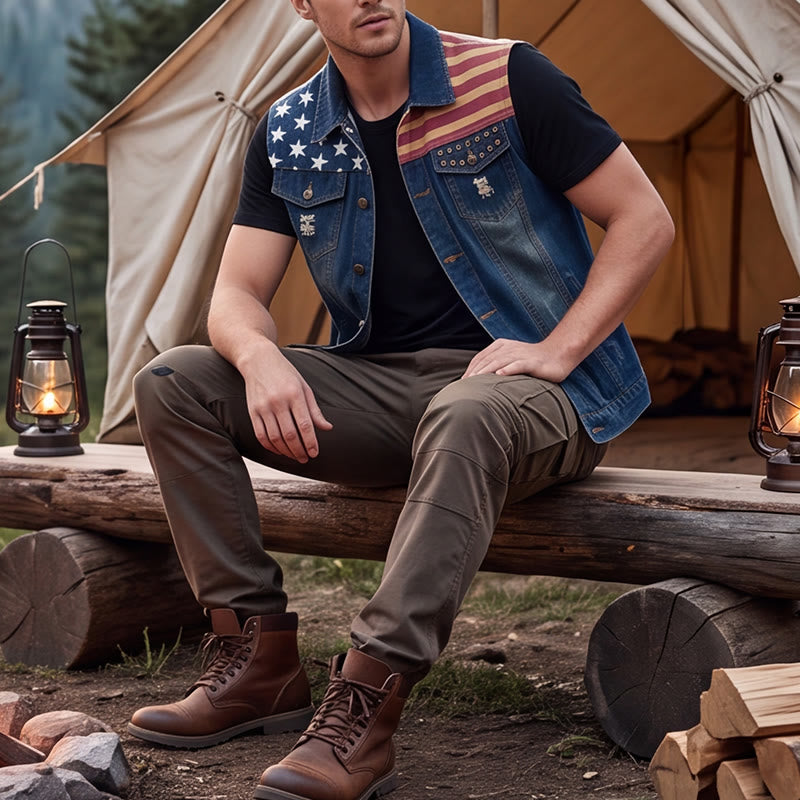 Gilet da uomo in denim stile coreano slim fit con bandiera americana effetto invecchiato - Blu - 6XL - image 0