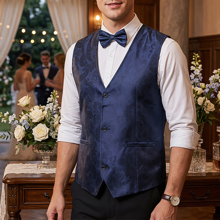 Completo da uomo 2 pezzi con motivo paisley lucido e papillon, gilet e papillon - Blu navy - S - image 5