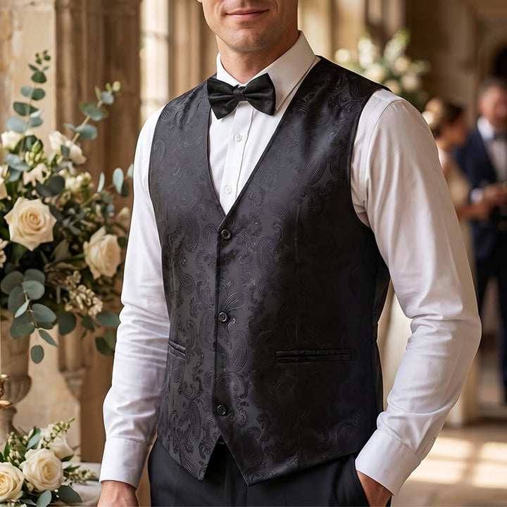 Completo da uomo 2 pezzi con motivo paisley lucido e papillon, gilet e papillon - Nero - S - image 4