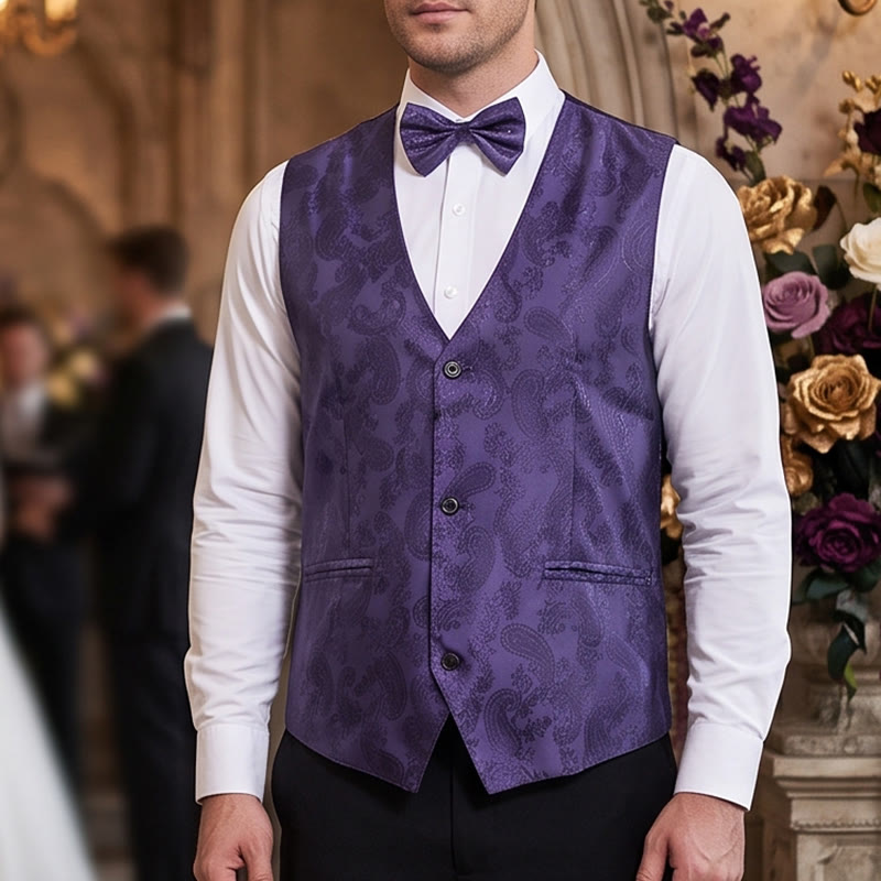 Completo da uomo 2 pezzi con motivo paisley lucido e papillon, gilet e papillon - Viola - S - image 0