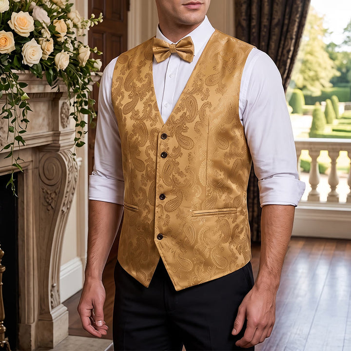 Completo da uomo 2 pezzi con motivo paisley lucido e papillon, gilet e papillon - Giallo - S - image 7
