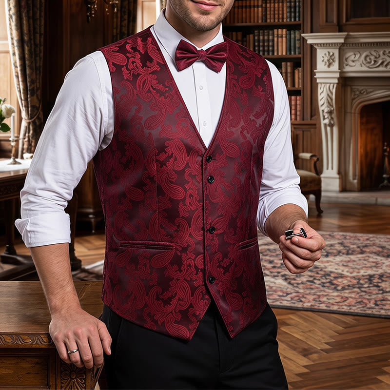 Completo da uomo 2 pezzi con motivo paisley lucido e papillon, gilet e papillon - Vino - S - image 6