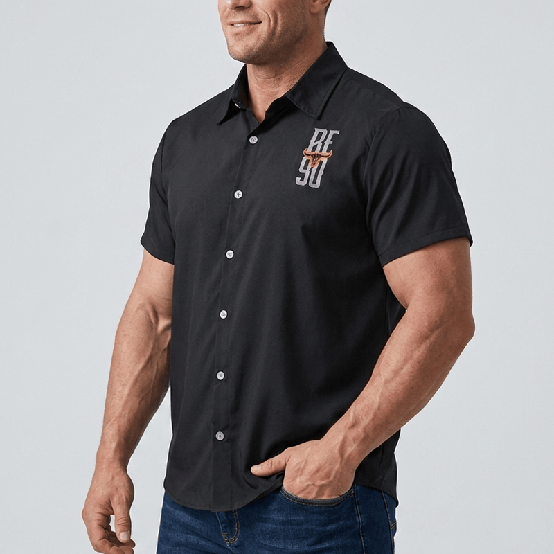 Camicia da uomo con stampa di teschio di toro in stile western e bandiera americana. - image 3