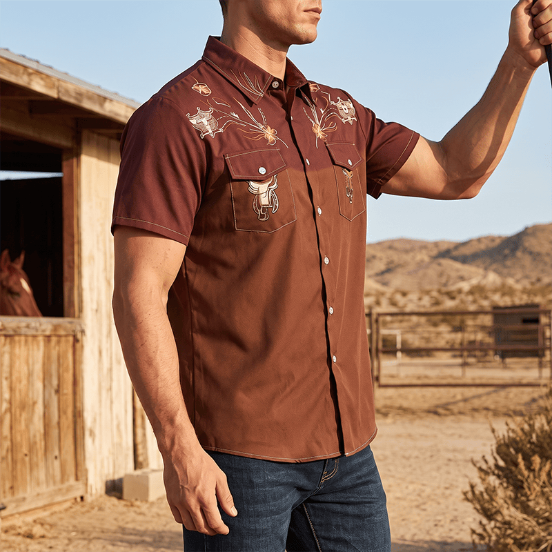 Camicia da uomo bicolore in stile streetwear western da cowboy - Vino e marrone - 5XL - image 0