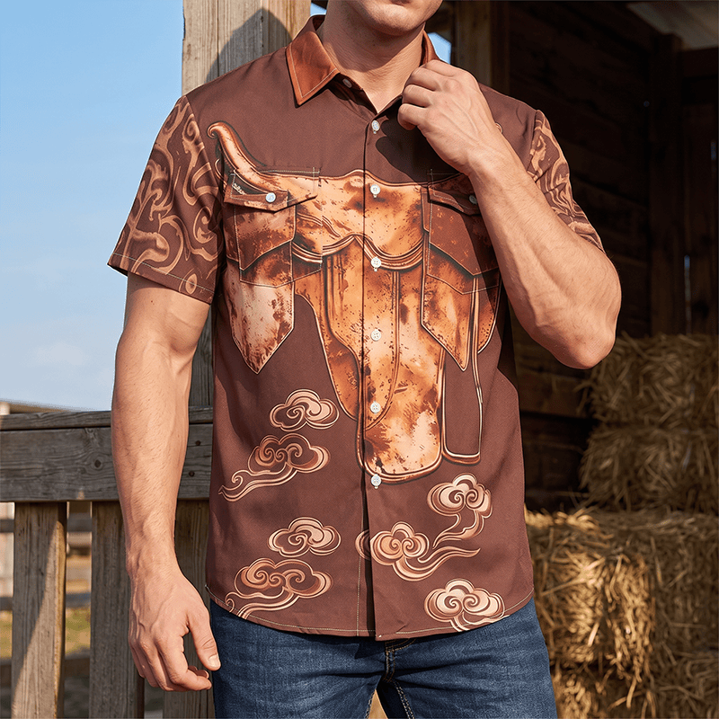 Camicia da uomo stile western/streetwear vintage con stampa effetto sella e effetto invecchiato - Caffè - 5XL - image 0