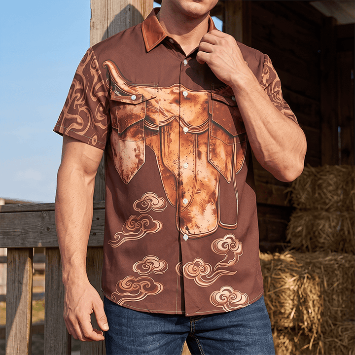Camicia da uomo stile western/streetwear vintage con stampa effetto sella e effetto invecchiato - Caffè - 5XL - image 0