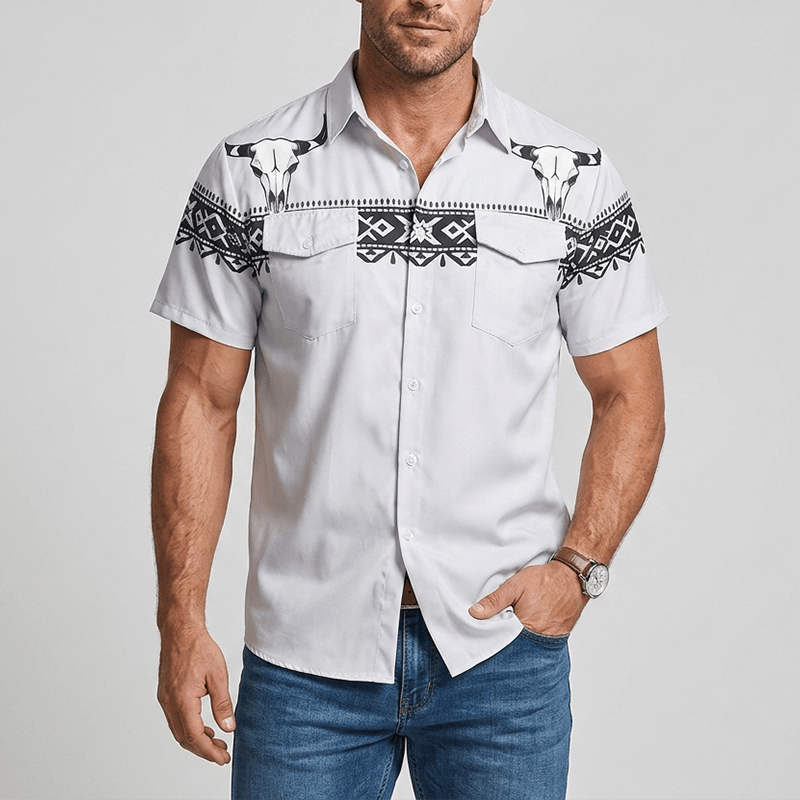 Camicia da uomo streetwear con stampa azteca western tribale e teschio di toro - image 1