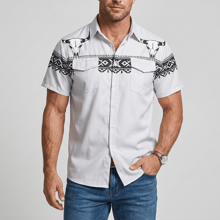 Camicia da uomo streetwear con stampa azteca western tribale e teschio di toro - image 1