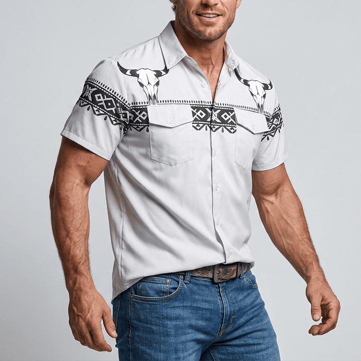 Camicia da uomo streetwear con stampa azteca western tribale e teschio di toro - image 3