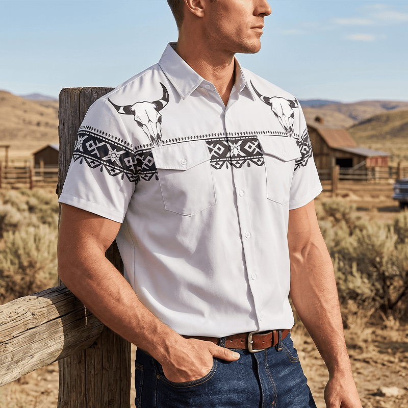 Camicia da uomo streetwear con stampa azteca western tribale e teschio di toro - Grigio chiaro - 5XL - image 0