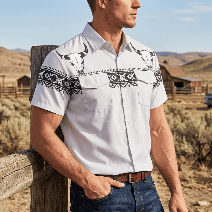 Camicia da uomo streetwear con stampa azteca western tribale e teschio di toro - Grigio chiaro - 5XL - image 0