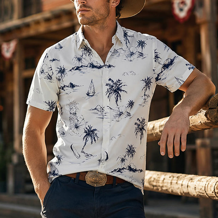 Camicia da uomo a maniche corte con stampa di isole tropicali per le vacanze estive. - Bianco - 5XL - image 0
