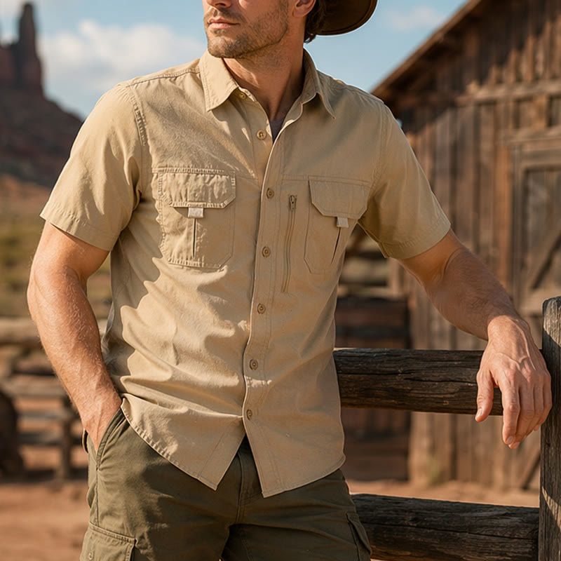 Camicia da lavoro estiva da uomo con multitasche per attività all'aperto. - Cachi - 4XL - image 4