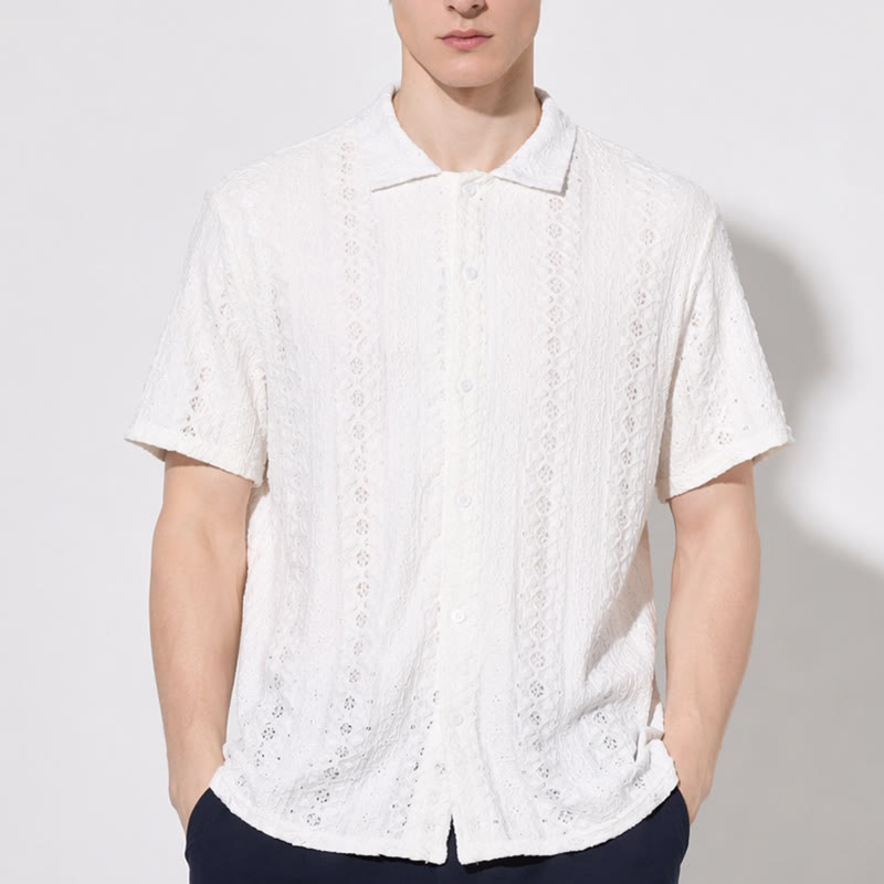 Camicia bianca traspirante in cotone con colletto cubano e ricami traforati. - image 1