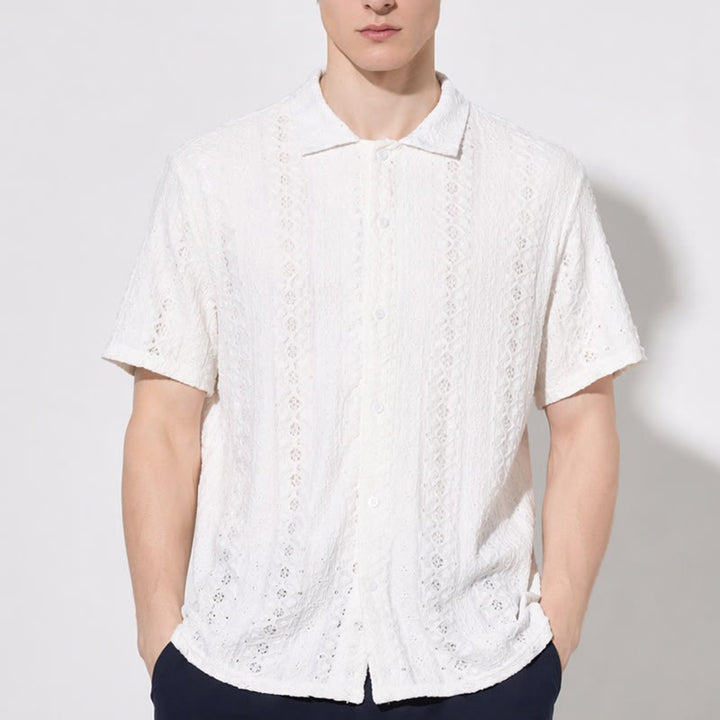 Camicia bianca traspirante in cotone con colletto cubano e ricami traforati. - image 1