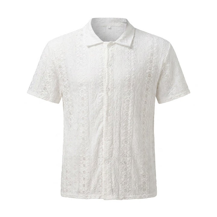 Camicia bianca traspirante in cotone con colletto cubano e ricami traforati. - image 8
