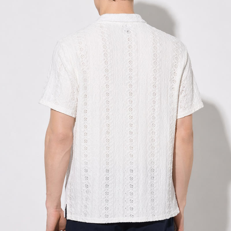 Camicia bianca traspirante in cotone con colletto cubano e ricami traforati. - image 2