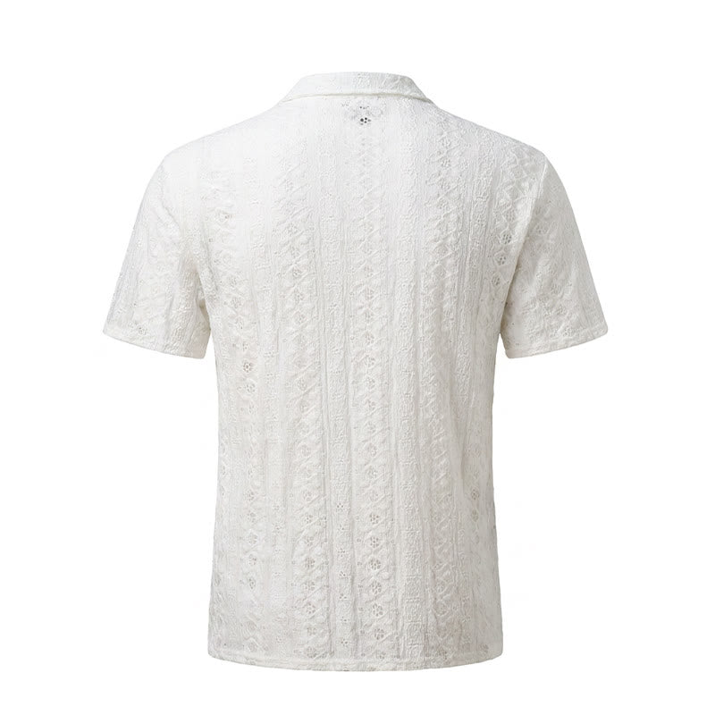 Camicia bianca traspirante in cotone con colletto cubano e ricami traforati. - image 9