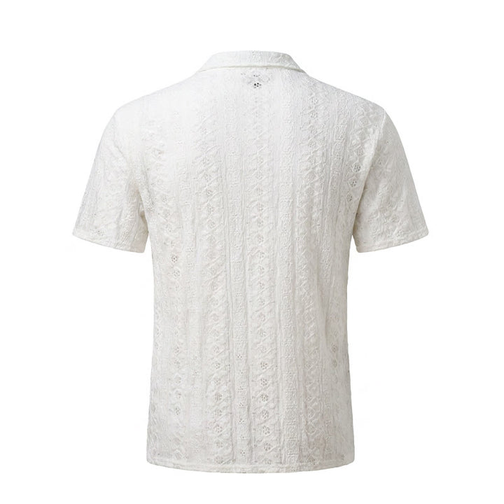 Camicia bianca traspirante in cotone con colletto cubano e ricami traforati. - image 9