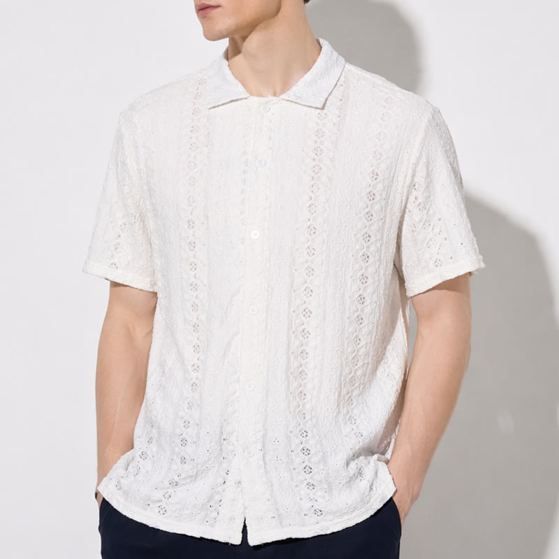 Camicia bianca traspirante in cotone con colletto cubano e ricami traforati. - image 3