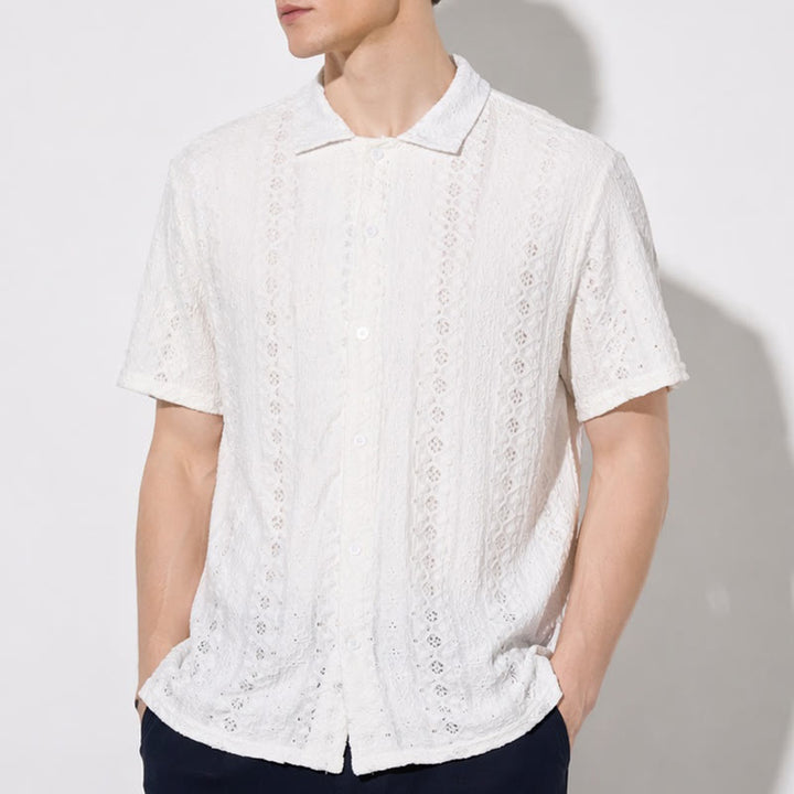 Camicia bianca traspirante in cotone con colletto cubano e ricami traforati. - image 3
