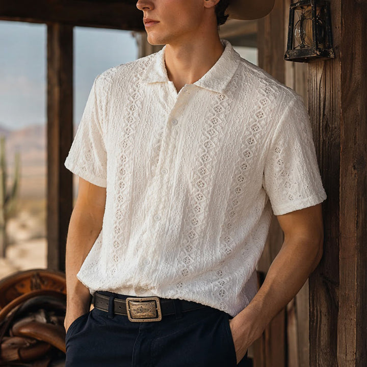 Camicia bianca traspirante in cotone con colletto cubano e ricami traforati. - Bianco - 2XL - image 0