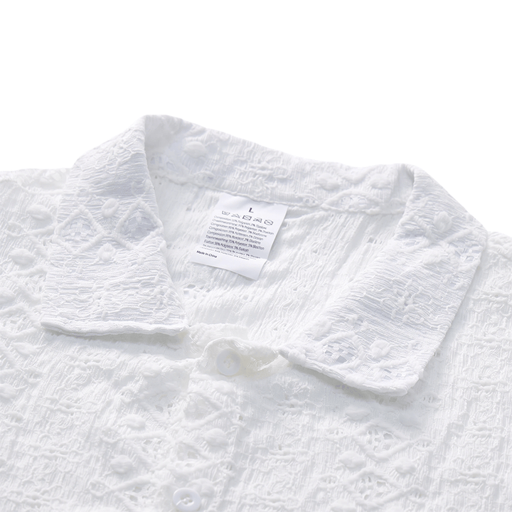 Camicia bianca traspirante in cotone con colletto cubano e ricami traforati. - image 4