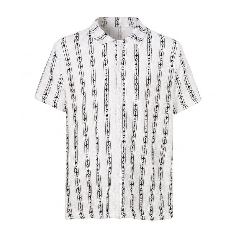 Camicia in cotone con colletto alla cubana e motivo a righe verticali geometriche - image 9