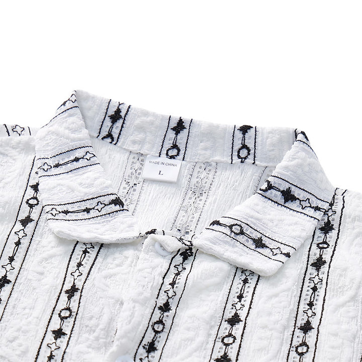 Camicia in cotone con colletto alla cubana e motivo a righe verticali geometriche - image 4