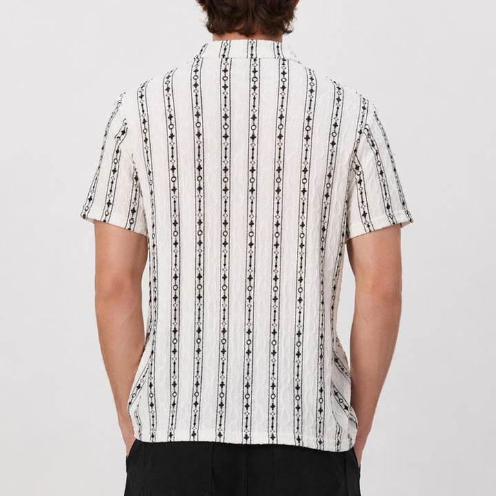 Camicia in cotone con colletto alla cubana e motivo a righe verticali geometriche - image 2