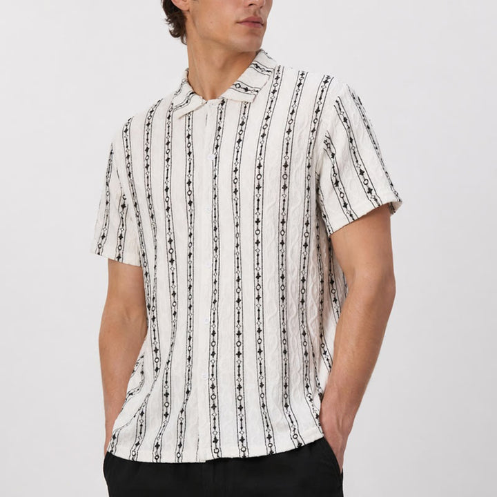 Camicia in cotone con colletto alla cubana e motivo a righe verticali geometriche - image 3