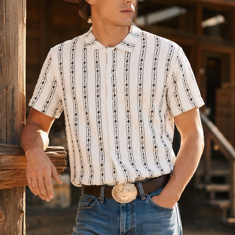 Camicia in cotone con colletto alla cubana e motivo a righe verticali geometriche - Bianco e nero - 2XL - image 0