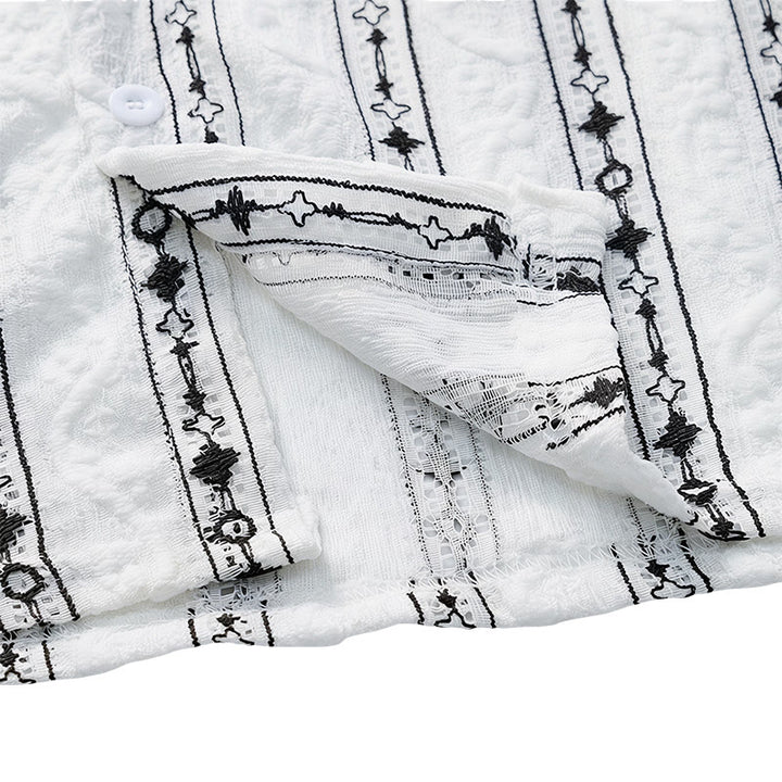 Camicia in cotone con colletto alla cubana e motivo a righe verticali geometriche - image 7