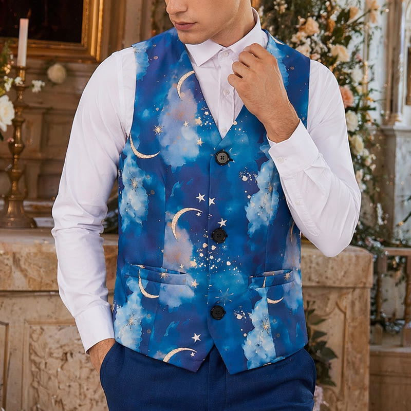 Gilet da uomo elegante con stampa Notte stellata, perfetto per feste. - Notte stellata blu - 3XL - image 0