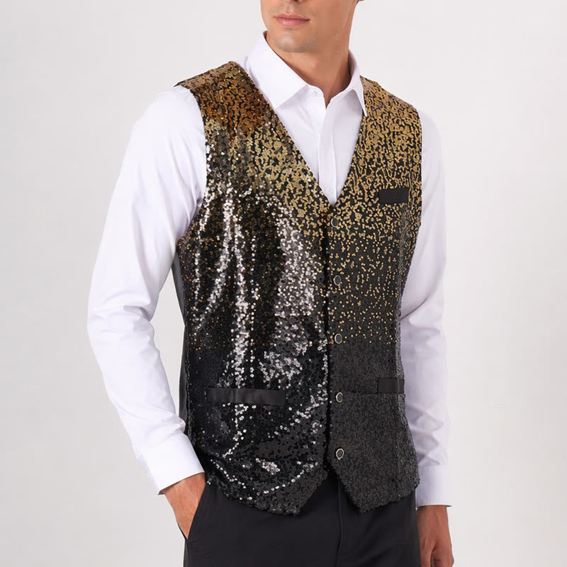 Gilet da discoteca da uomo con paillettes effetto sfumato oro e nero - image 3