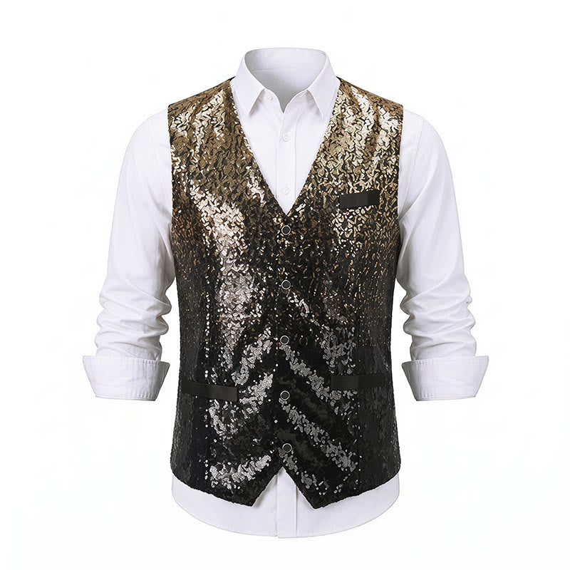 Gilet da discoteca da uomo con paillettes effetto sfumato oro e nero - image 9