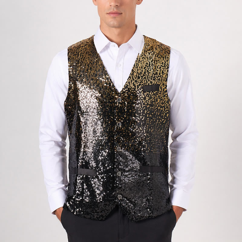 Gilet da discoteca da uomo con paillettes effetto sfumato oro e nero - image 1