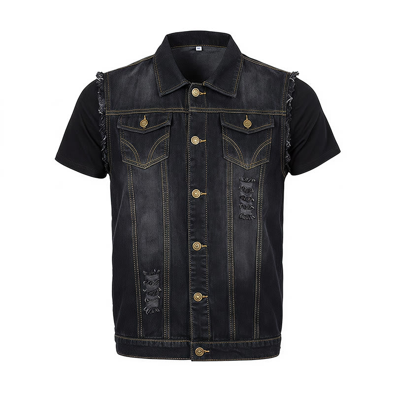 Gilet di jeans da camionista vintage con orlo sfrangiato e lavaggio effetto vintage - image 11