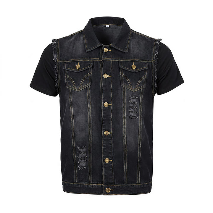Gilet di jeans da camionista vintage con orlo sfrangiato e lavaggio effetto vintage - image 11