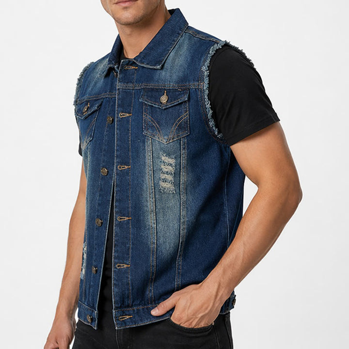Gilet di jeans da camionista vintage con orlo sfrangiato e lavaggio effetto vintage - image 3