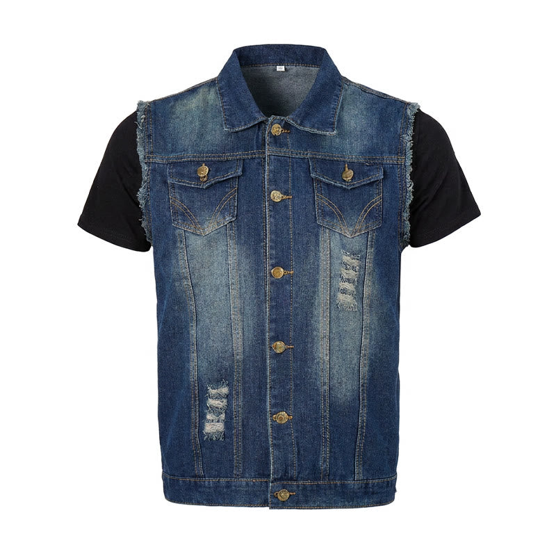 Gilet di jeans da camionista vintage con orlo sfrangiato e lavaggio effetto vintage - image 9