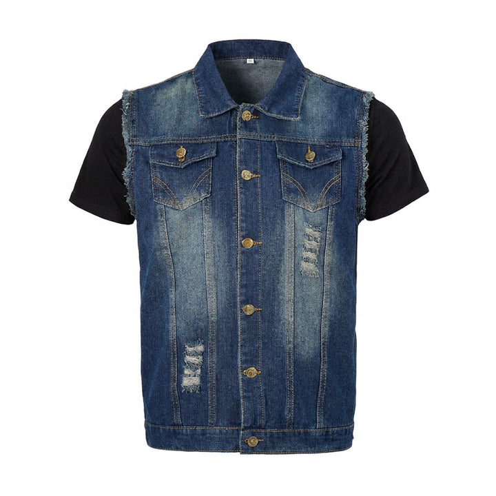 Gilet di jeans da camionista vintage con orlo sfrangiato e lavaggio effetto vintage - image 9