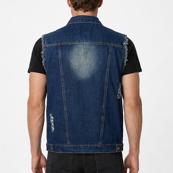 Gilet di jeans da camionista vintage con orlo sfrangiato e lavaggio effetto vintage - image 2