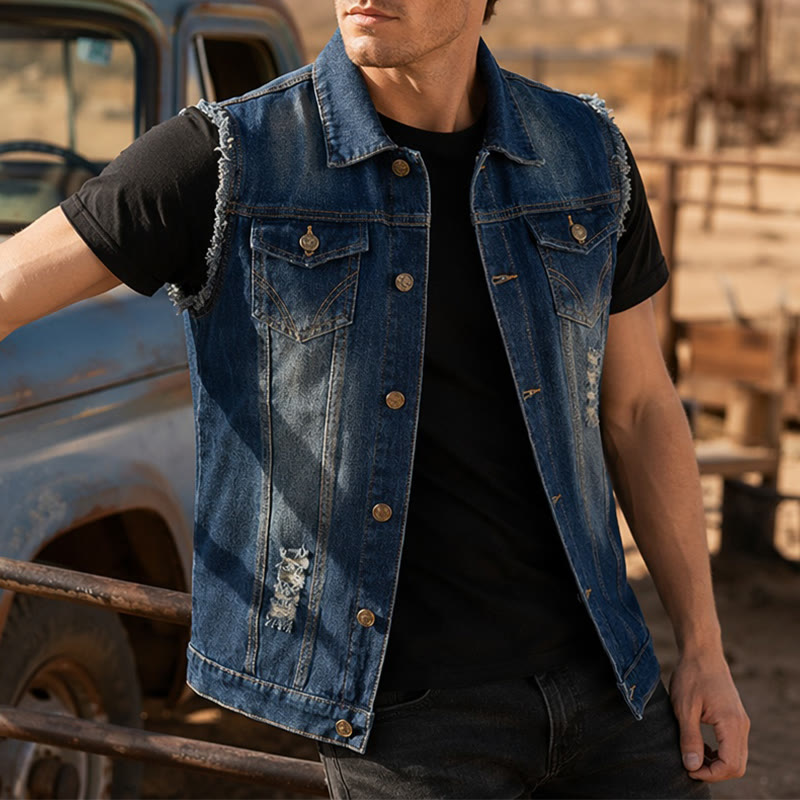 Gilet di jeans da camionista vintage con orlo sfrangiato e lavaggio effetto vintage - Blu - 6XL - image 0