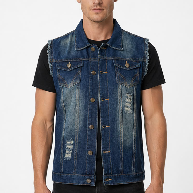 Gilet di jeans da camionista vintage con orlo sfrangiato e lavaggio effetto vintage - image 1