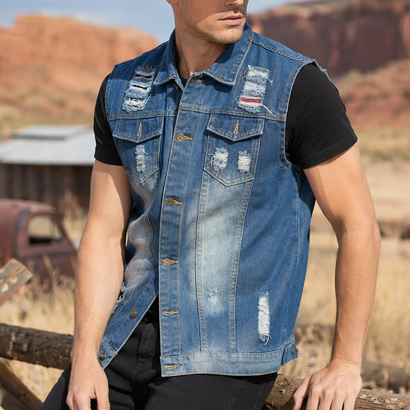 Gilet in denim slavato blu effetto consumato con applicazioni. - Blu - 6XL - image 0