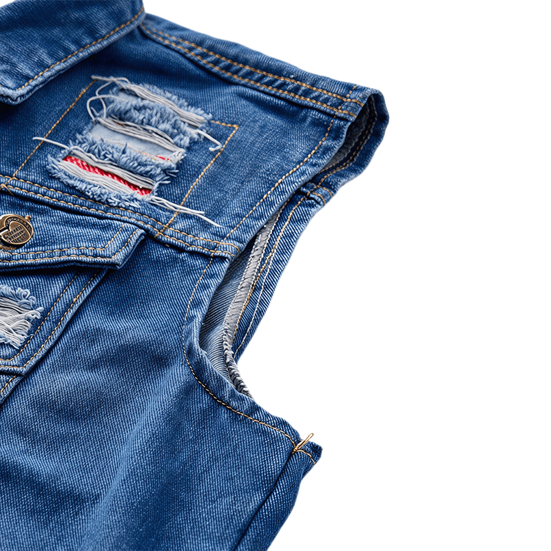 Gilet in denim slavato blu effetto consumato con applicazioni. - image 8