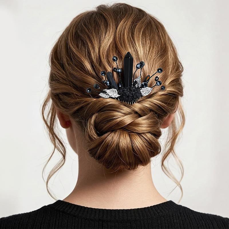 Pettine per capelli da donna con dettagli a foglia in vero cristallo. - Nero - image 8